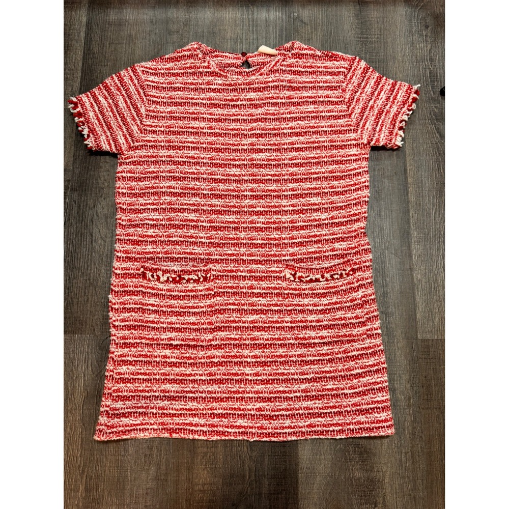 Zara Girls Red White‎ Striped Tweed Shift Dress Short Sleeve Size 9 134cm